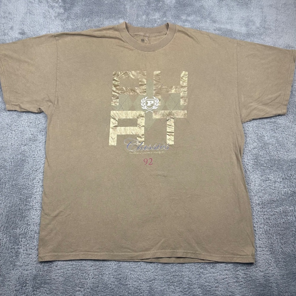 Phat Farm T-Shirt Mens XL Tan Graphic Metallic Foil Classics Y2K‎ Streetwear Tee